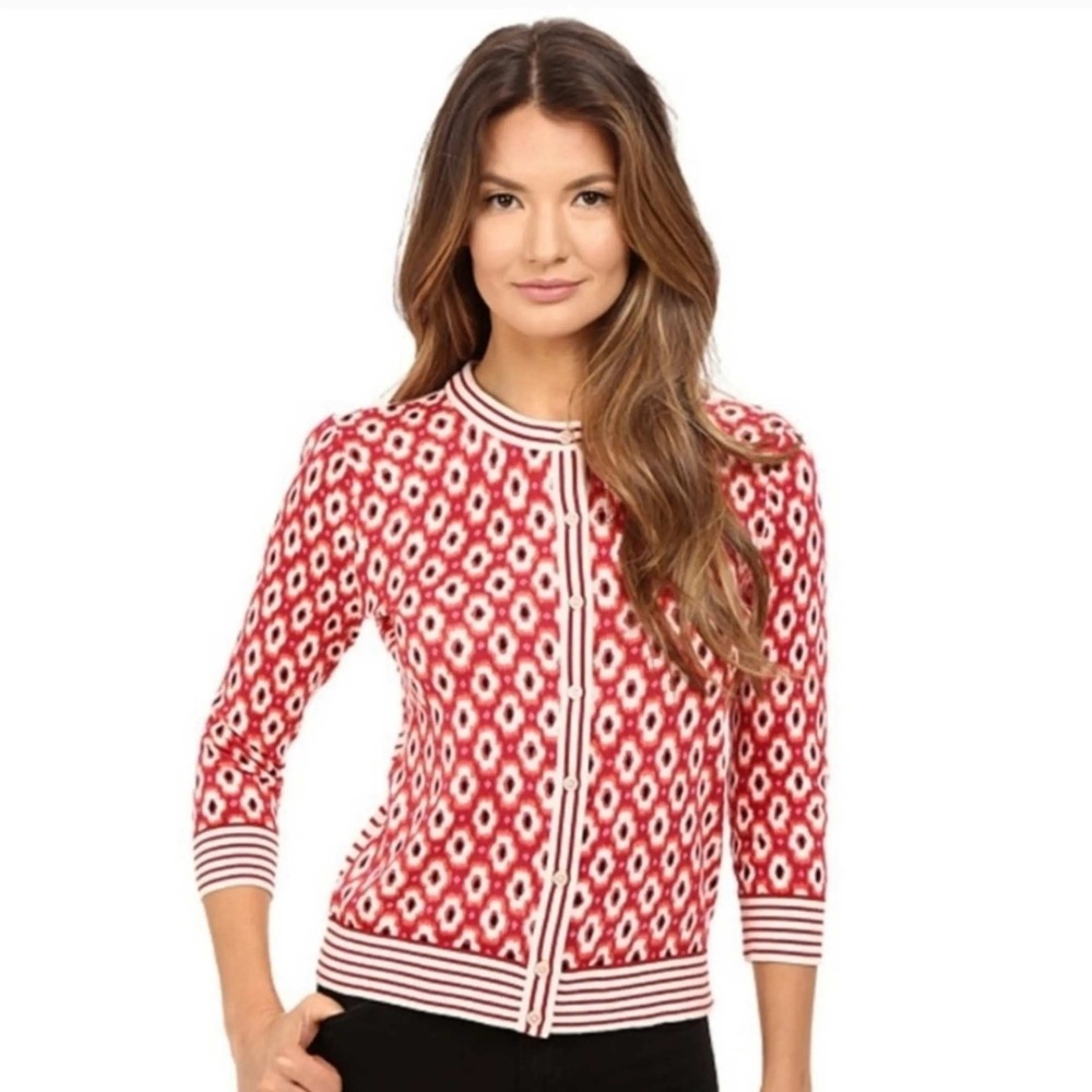Kate Spade New York Red Pink Geometric Striped Cotton Cardigan Sweater Small‎